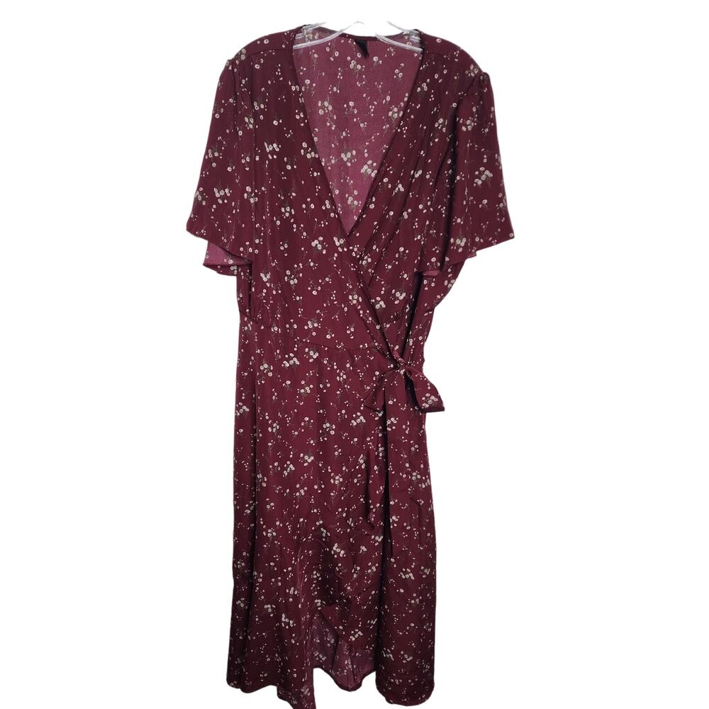 SHEIN Curve Floral Wrap Dress, 4XL, Burgundy